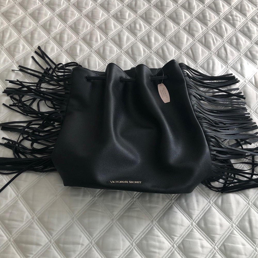 Victoria's Secret Black Faux Leather Boho Fringe Backpack 60’s Hippie Style NWT